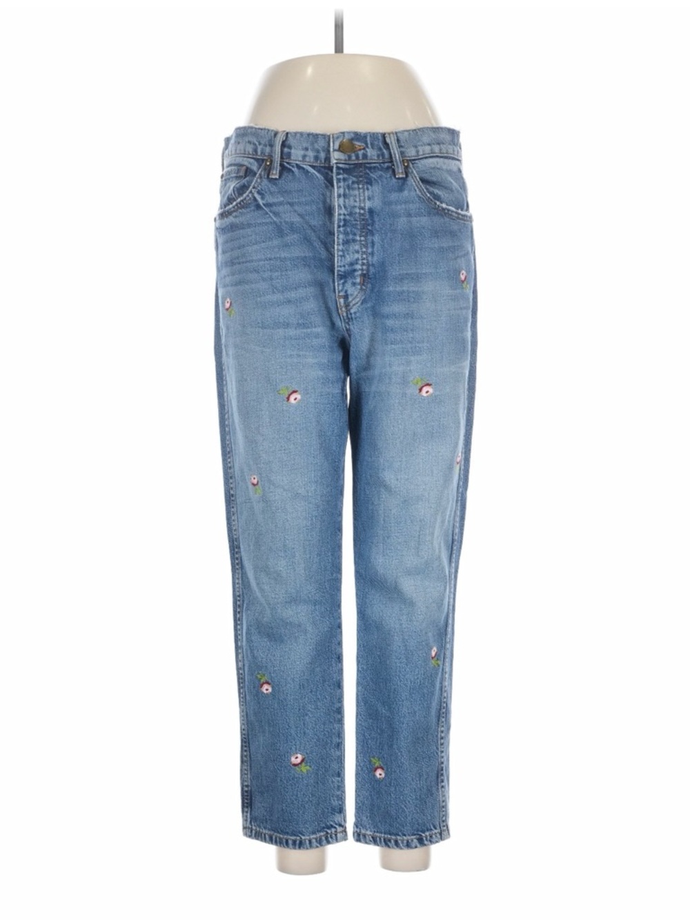 The Great. Blue Embroidered Floral Straight-Leg Jeans